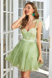 A Line Spaghetti Straps Green Short Homecoming Dress with Beading