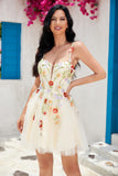 Stylish A Line Spaghetti Straps Black Short Homecoming Dress with Appliques