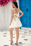 Stylish A Line Spaghetti Straps Black Short Homecoming Dress with Appliques