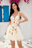 Stylish A Line Spaghetti Straps Champagne Short Homecoming Dress with Appliques