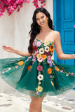 Gorgeous A Line Dark Green Strapless Homecoming Dress with 3D Flowers