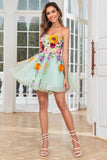 Gorgeous A Line Light Green Strapless Homecoming Dress with 3D Flowers