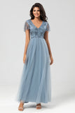 Confidently Charismatic A Line V Neck Dusty Blue Long Bridesmaid Dress with Beading