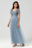 Confidently Charismatic A Line V Neck Dusty Blue Long Bridesmaid Dress with Beading