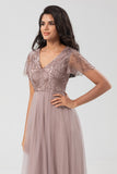 Confidently Charismatic A Line V Neck Dusty Blue Long Bridesmaid Dress with Beading