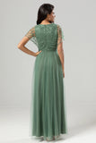 Epitome of Romance A-Line V Neck Eucalyptus Long Bridesmaid Dress with Beading