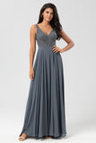 Confidently Charismatic A Line V Neck Eucalyptus Long Bridesmaid Dress with Beading