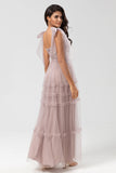 Keeper of My Heart A-Line V Neck Dusty Pink Long Bridesmaid Dress with Beading