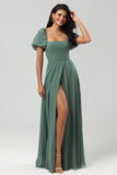 Chiffon Puff Sleeves A Line Green Bridesmaid Dress