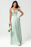 Spaghetti Straps Keyhole A Line Green Bridesmaid Dress with Slit