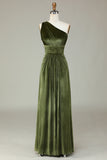 Dreaming of Elegance A Line One Shoulder Olive Velvet Long Bridesmaid Dress