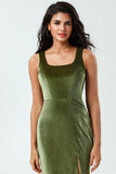 Enchanting Romantic Mermaid Square Neck Olive Long Bridesmaid Dress with Slit