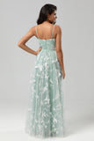 Captured Your Heart A Line Spaghetti Straps Matcha Long Bridesmaid Dress with Appliques