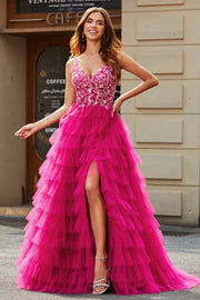 Gorgeous A Line Spaghetti Straps Fuchsia Long Prom Dress with Appliques Ruffles