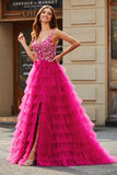 Gorgeous A Line Spaghetti Straps Fuchsia Long Prom Dress with Appliques Ruffles