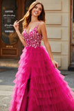 Gorgeous A Line Spaghetti Straps Fuchsia Long Prom Dress with Appliques Ruffles