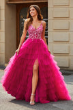 Gorgeous A Line Spaghetti Straps Fuchsia Long Prom Dress with Appliques Ruffles