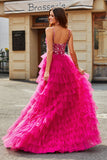 Gorgeous A Line Spaghetti Straps Fuchsia Long Prom Dress with Appliques Ruffles