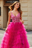 Gorgeous A Line Spaghetti Straps Fuchsia Long Prom Dress with Appliques Ruffles