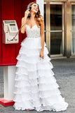 White A-Line Sparkly Sequin Ruffle Skirt Corset Tiered Prom Dress With Slit