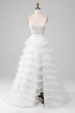 White A-Line Sparkly Sequin Ruffle Skirt Corset Prom Dress With Slit