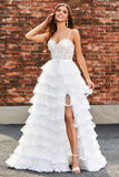 White A-Line Sparkly Sequin Ruffle Skirt Corset Tiered Prom Dress With Slit