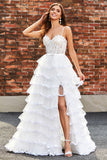 White A-Line Sparkly Sequin Ruffle Skirt Corset Tiered Prom Dress With Slit