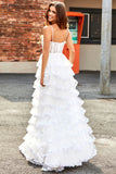 White A-Line Sparkly Sequin Ruffle Skirt Corset Tiered Prom Dress With Slit