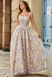 Charming A Line Square Neck Champagne Corset Prom Dress with Appliques