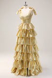 Golden A-Line V-Neck Pleated Tiered Backless Long Prom Dress With Slit