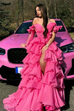 Princess Fuchsia A-Line Deep V-Neck  Tiered Long Prom Dress With Slit