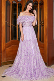 Gorgeous A Line Off the Shoulder Lilac Floral Long Prom Dress with Ruffles