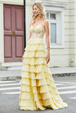 Gorgeous A Line Sweetheart Yellow Corset Prom Dress with Appliques Ruffles
