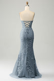 Lilac Mermaid Sweetheart Corset Appliques Prom Dress With Side Slit