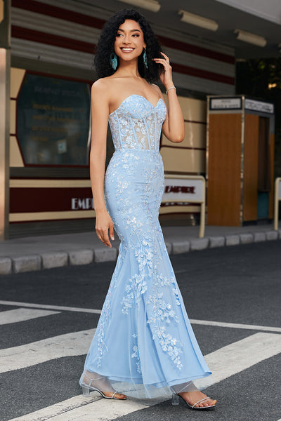 ZAPAKA Women Light Blue Prom Dress Mermaid Sweetheart Corset Appliques Party Dress With Side Slit, Light Blue / US18W