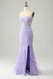 Lilac Mermaid Sweetheart Corset Appliques Prom Dress With Side Slit