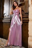 Sparkly A Line Spaghetti Straps Pink Long Prom Dress with Split Front