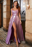 Sparkly A Line Spaghetti Straps Pink Long Prom Dress with Split Front