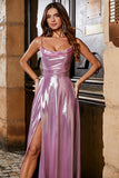 Sparkly A Line Spaghetti Straps Pink Long Prom Dress with Split Front