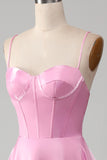 A-Line Spaghetti Straps Pink Corset Prom Dress