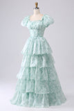 Green A Line Square Neck Tiered Long Prom Dress with Ruffles