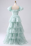 Green A Line Square Neck Tiered Long Prom Dress with Ruffles