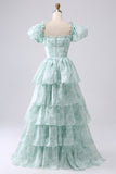 A Line Square Neck Light Blue Tiered Prom Dress with Ruffles