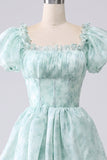Green A Line Square Neck Tiered Long Prom Dress with Ruffles