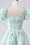 Green A Line Square Neck Tiered Long Prom Dress with Ruffles