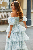 A Line Square Neck Light Blue Tiered Floral Long Prom Dress with Ruffles