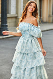 A Line Square Neck Light Blue Tiered Floral Long Prom Dress with Ruffles