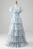 A Line Square Neck Light Blue Tiered Prom Dress with Ruffles