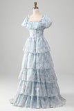 Green A Line Square Neck Tiered Long Prom Dress with Ruffles