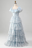 A Line Square Neck Light Blue Tiered Prom Dress with Ruffles